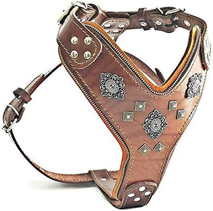 "Aztec Big Dog Leather Harness. 2 Tone Rivet Decorations. Zipper Decoration. Foam and Leather Padding Handmade in Europe.