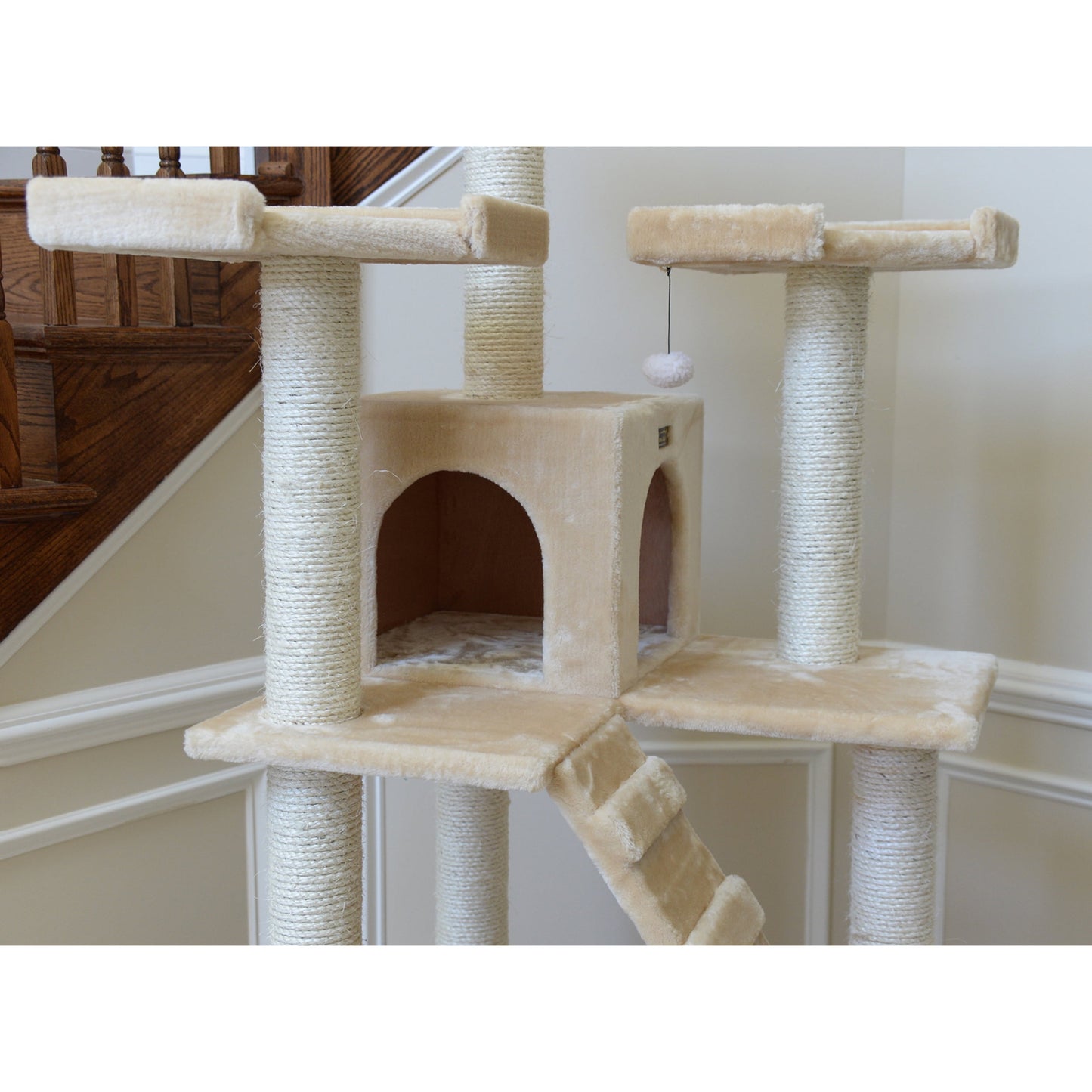 74-In Real Wood Cat Tree & Condo Scratching Post Tower, Beige