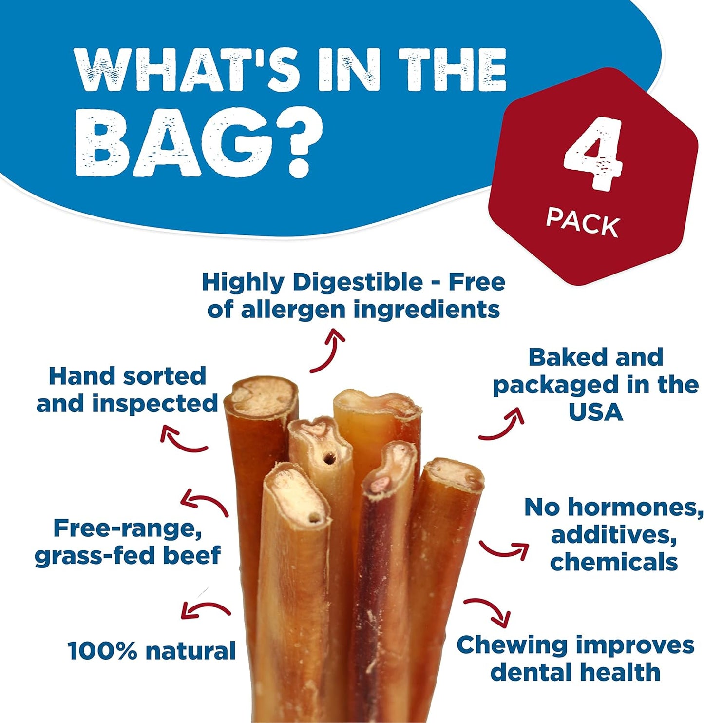 6 Inch Jumbo Bully Sticks for Large Dogs - 100% Natural, Grass-Fed Beef - Single Ingredient Grain and Rawhide Free Bully Stick Dog Chews | 4 Pack