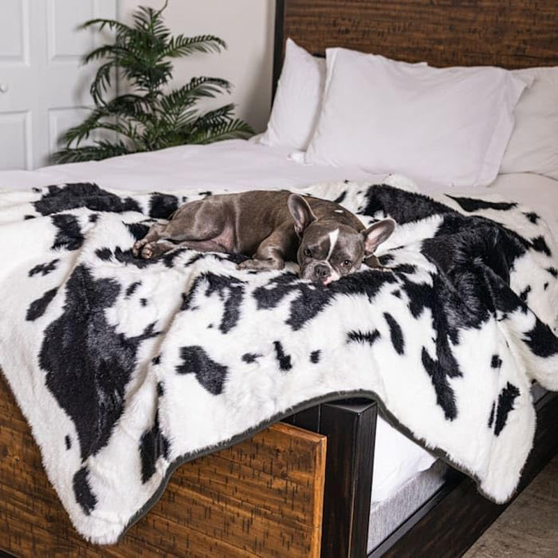 Pupprotector Waterproof Throw Blanket for Dogs and Cats, Pet Blanket Cover for Couches, Sofas, Beds, Car Seats, Furniture, Calming Soft Faux Fur, Black and White Cowhide, Original (60" L X 50" W)