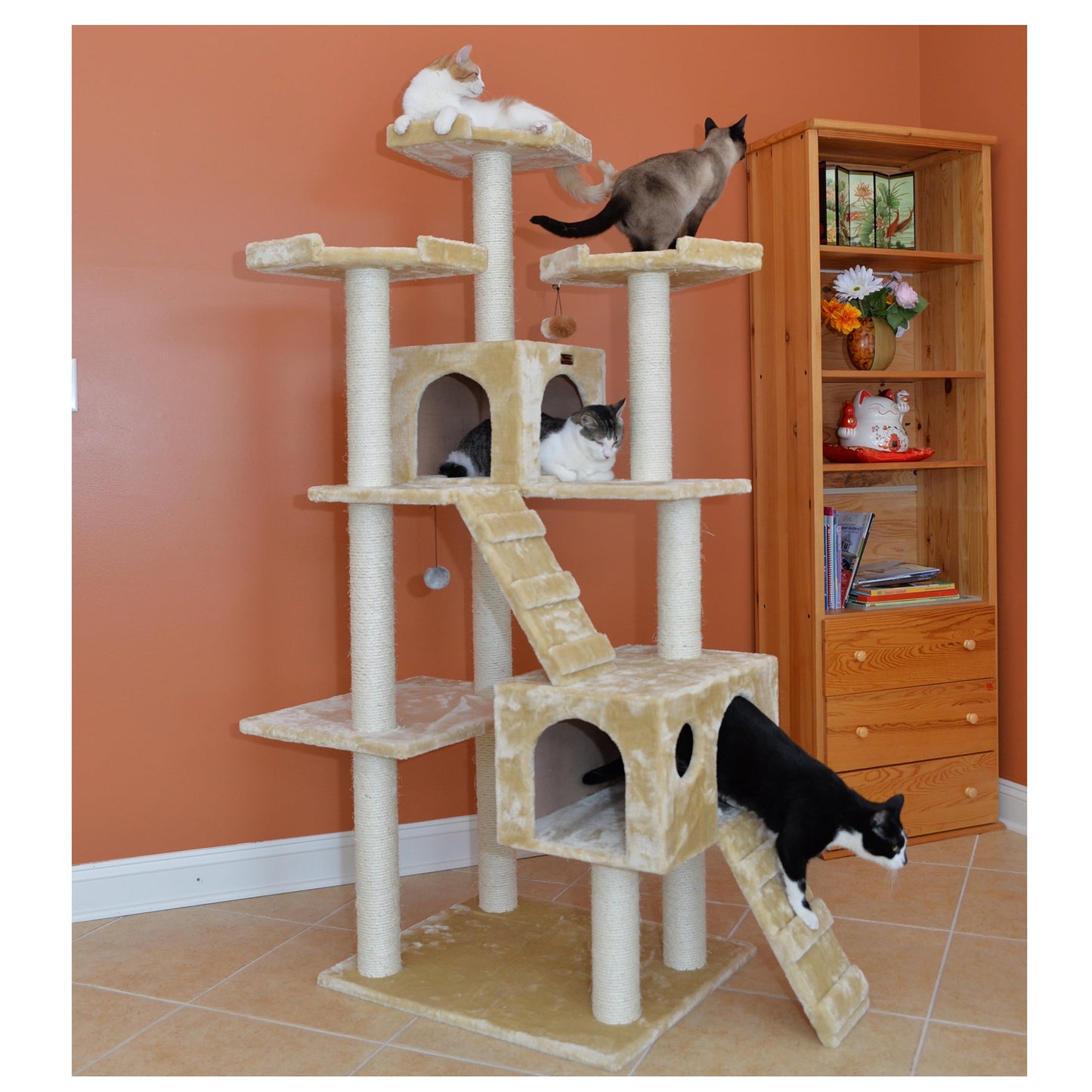 74-In Real Wood Cat Tree & Condo Scratching Post Tower, Beige