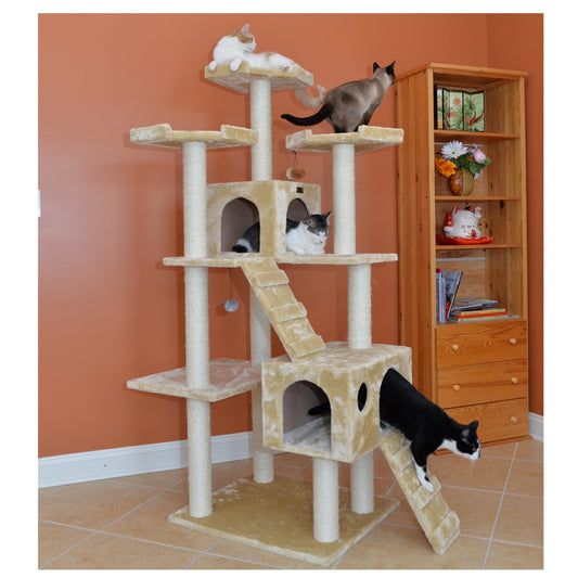 74-In Real Wood Cat Tree & Condo Scratching Post Tower, Beige