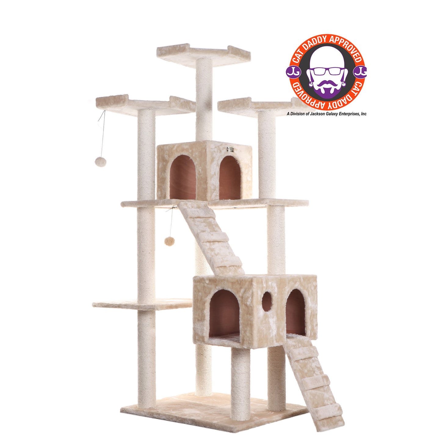 74-In Real Wood Cat Tree & Condo Scratching Post Tower, Beige