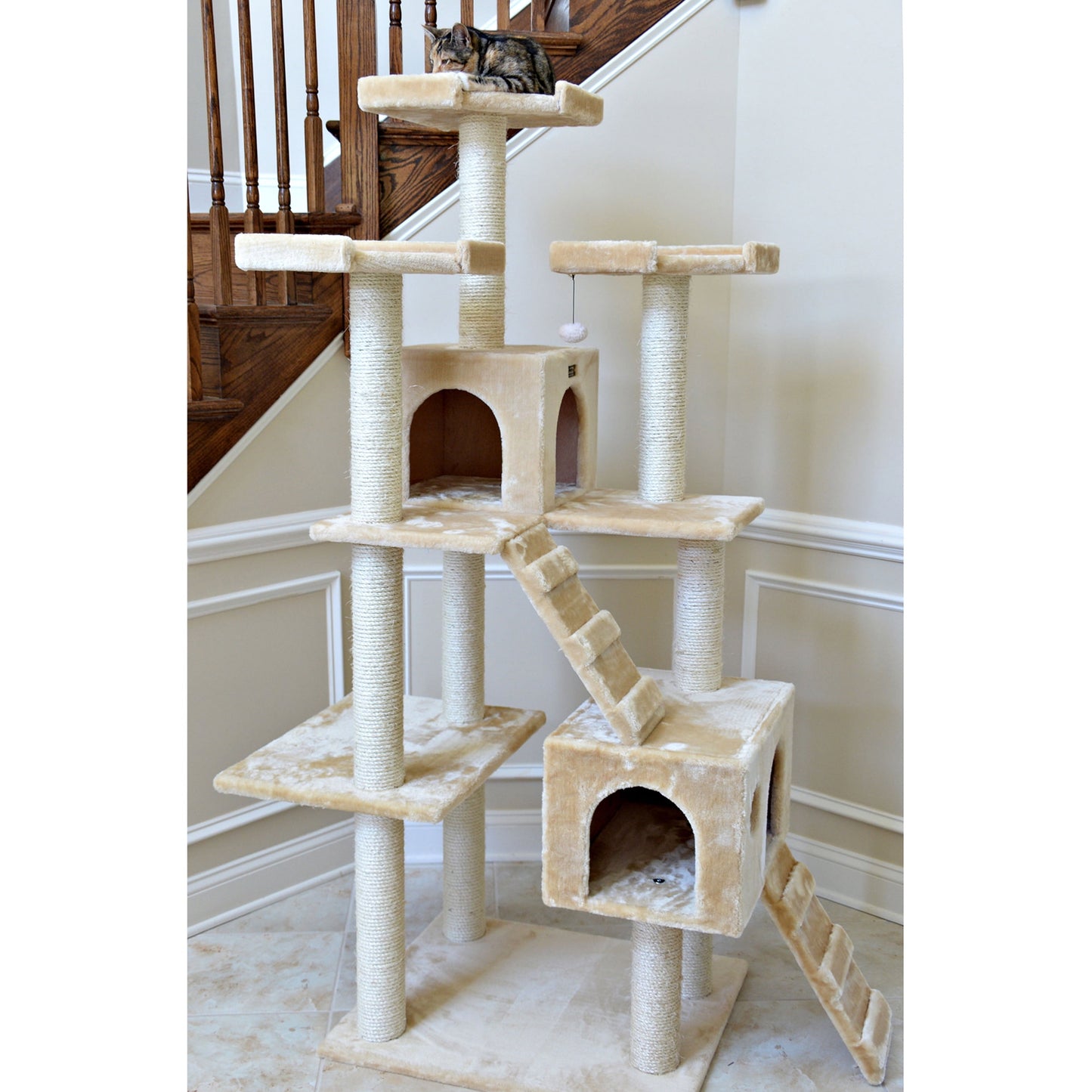 74-In Real Wood Cat Tree & Condo Scratching Post Tower, Beige