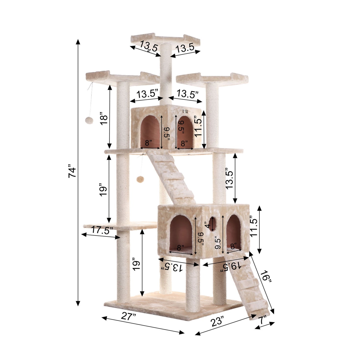 74-In Real Wood Cat Tree & Condo Scratching Post Tower, Beige